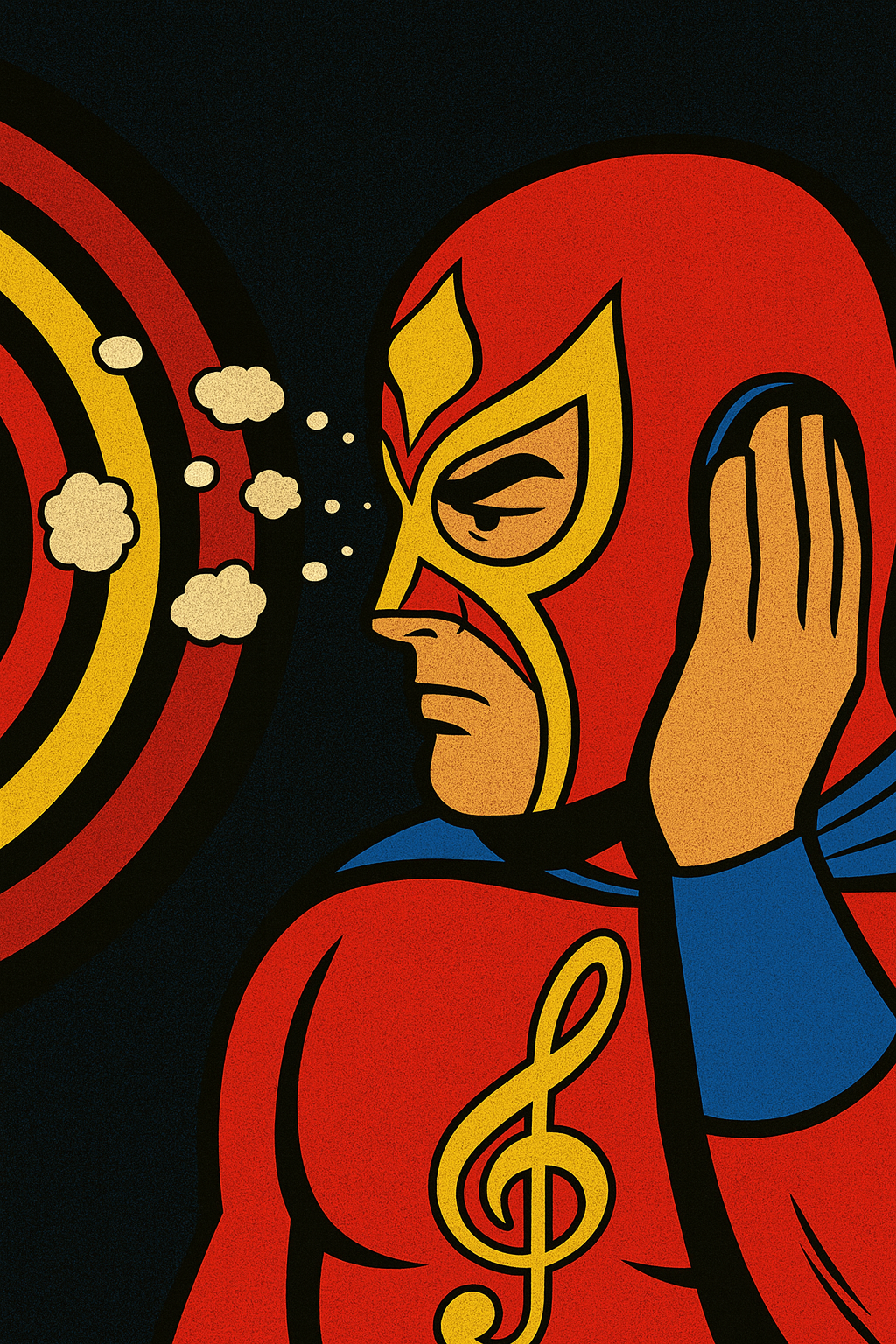 The Songsmith listening intently with hand cupped to ear